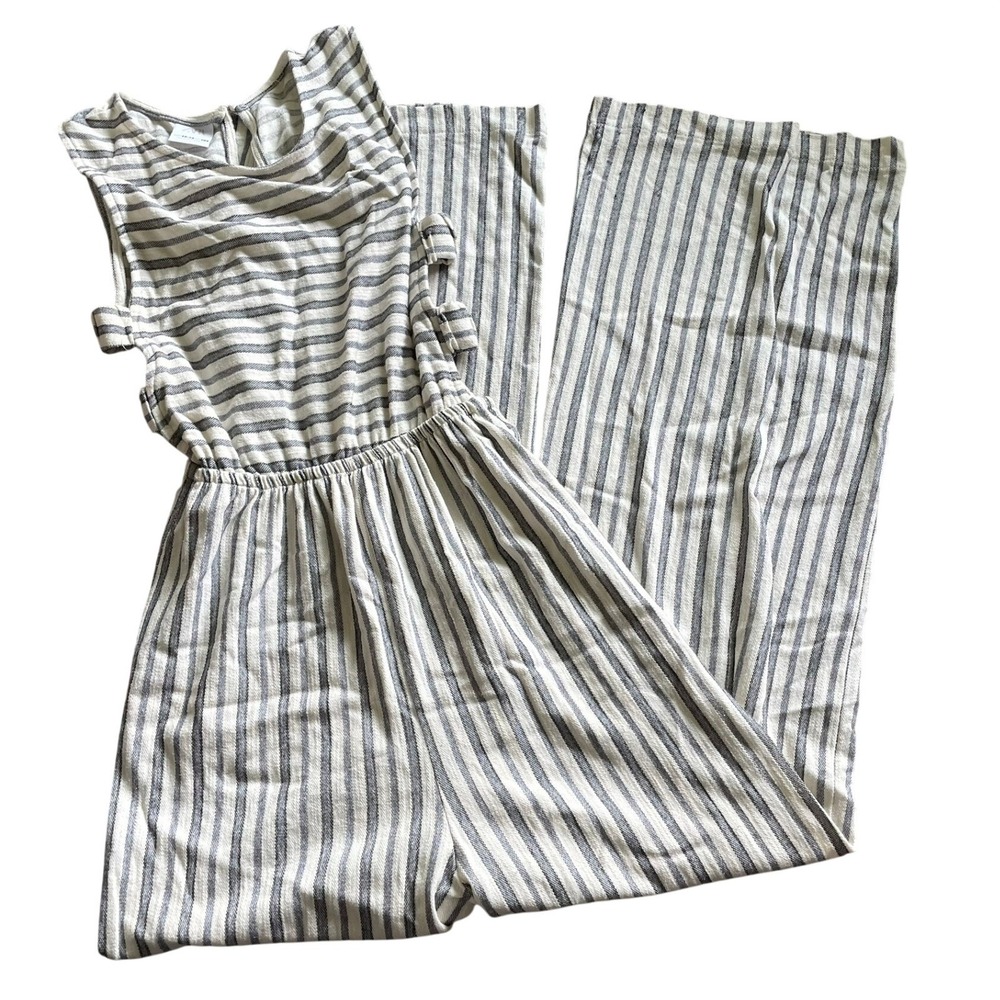 Zara Linen Cotton Jumpsuit White Navy Striped Side‎ Cutout Kids 13-14 Coastal